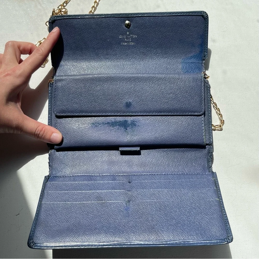 Louis Vuitton Navy Blue Epi Leather Long Wallet Snap Trifold LV with Chain 2005